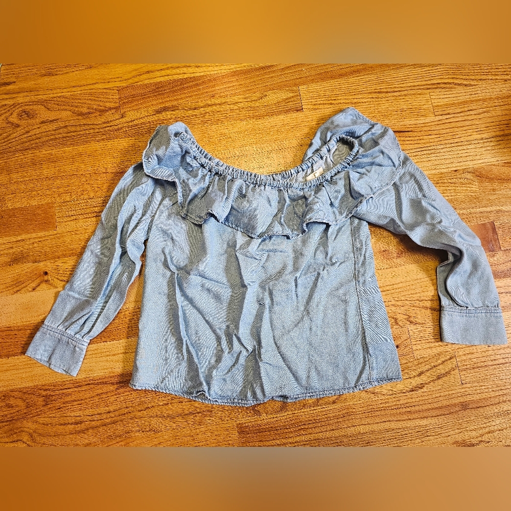 7 For All Mankind Blue Ruffled Long Sleeve Blouse